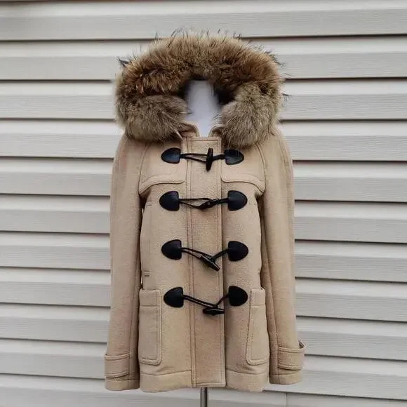 BURBERRY CHECK LINED WOOL TOGGLE DUFFLE COAT WITH FUR TRIMMED HOOD - Picture 1 of 15